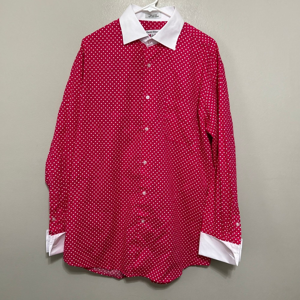 Daniel Ellissa Shirt 16.5 34/35 Pink White Polka Dot Contrast Collar French 50s